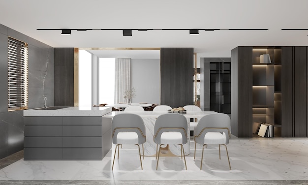 Modern Dining and kitchen interior with dining table and chairs.3D illustration