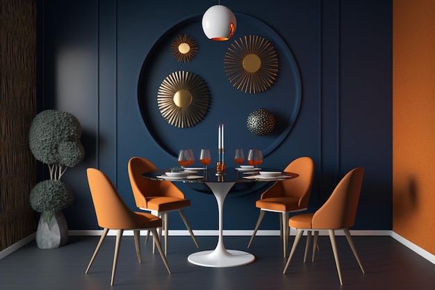 Foto la moderna sala da pranzo presenta un tavolo rotondo in legno e sedie in un design d'interni con pareti blu scuro e arancione ai