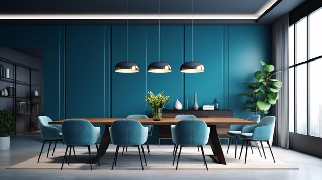 Modern dining room interior design with blue wall Generative AI