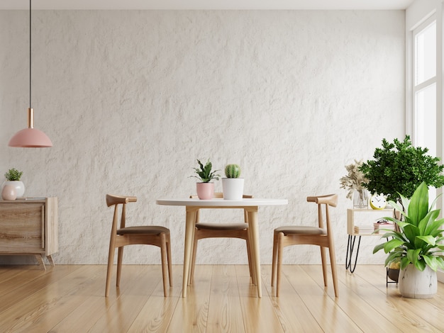 Дизайн интерьера современной столовой с белой штукатуркой. 3D визуализация