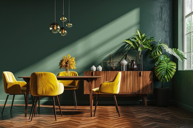 Modern Dining Room Interior with Wooden Table Yellow Chairs and Green Wall Sideboard