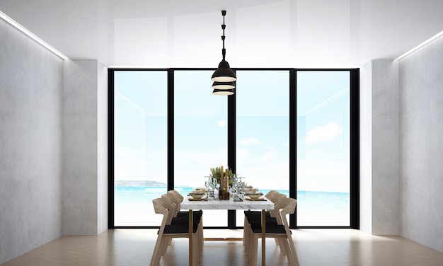 The modern dining room and mock up furniture decoration and white wall background and sea view