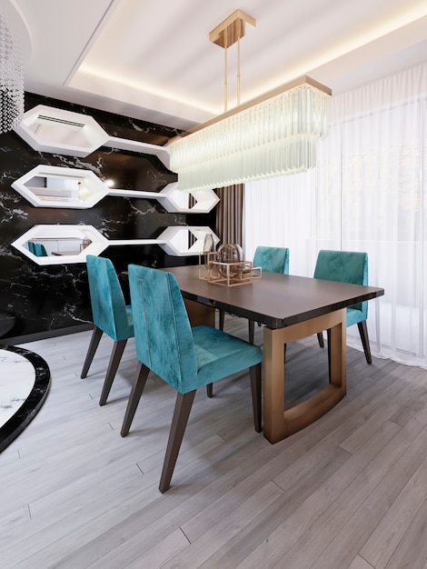 Modern dining room with art deco dining table. Decorative black marble wall with white shelves and mirrors. Designer table and chairs. 3d rendering.