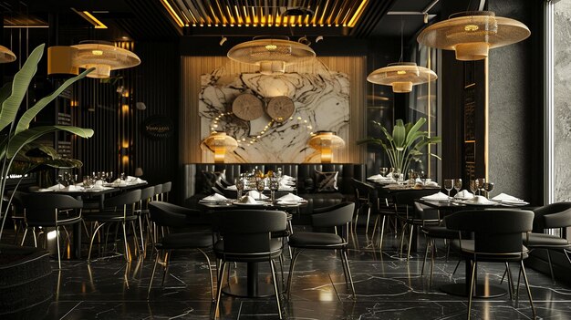 Modern Dining Room with Black Tables and Chairs Marble Sculpture Style Layered Textures EcoFriendly