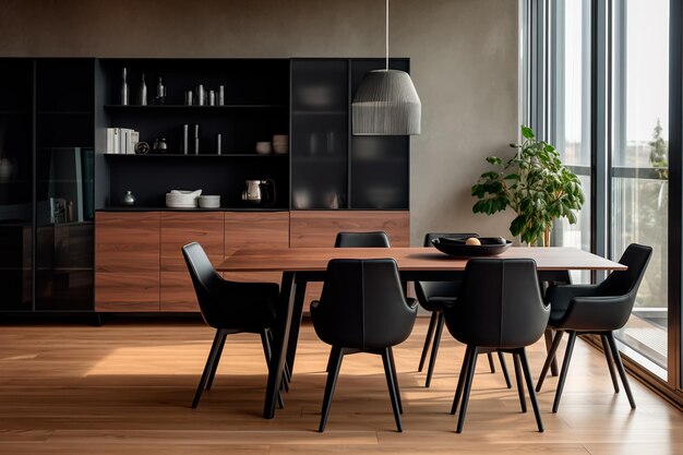 Modern dining room with chairs around a wooden table and a stylish black cabinet