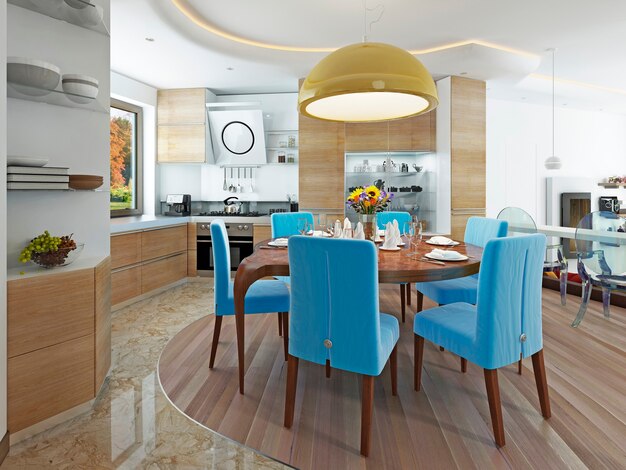 Modern dining room with kitchen in a trendy style kitsch