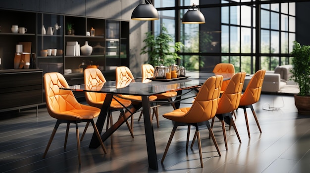 Современная столовая с оранжевым столом и стульями