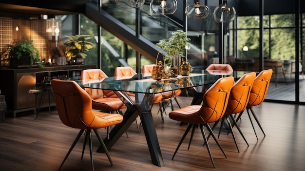 Modern dining room with an orange table and chairs