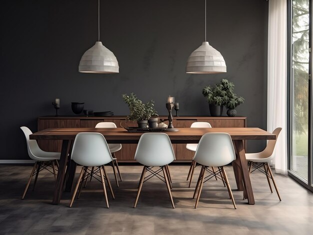 Foto sala da pranzo moderna con tavolo di legno e sedie bianche