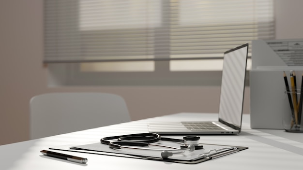 Фото Современный кабинет врача в офисе врачей клиники с 3d-рендерингом макета ноутбука