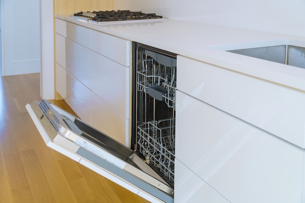 Modern domestic cabinets with new appliances dishwasher in kitchen