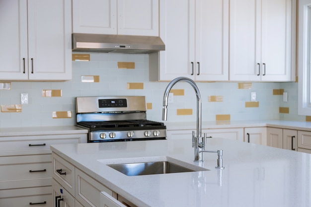 Modern domestic cabinets with new appliances and sink in kitchen