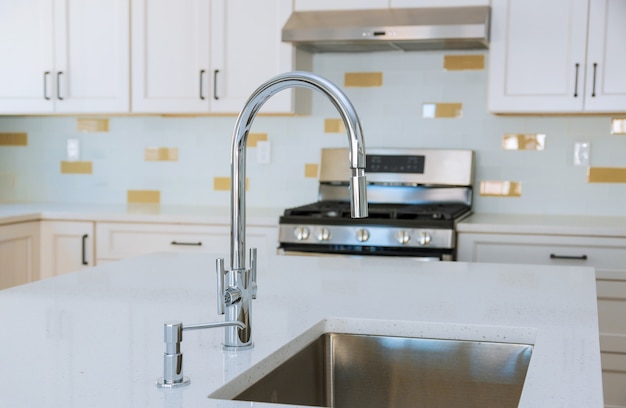 Modern domestic cabinets with new appliances and sink in kitchen