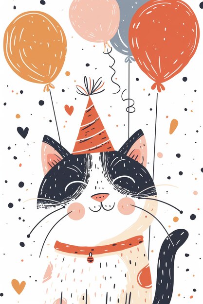 Foto illustrazione moderna di doodle felicità di compleanno gatto