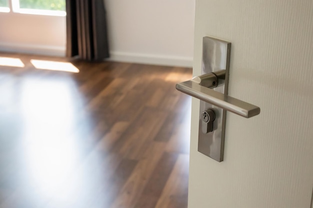 Modern door handle on white door with room interior