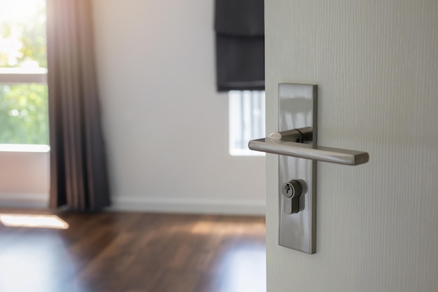 Modern door handle on white door with room interior