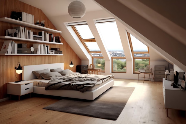 Modern dormer loft conversion interior design in apartment or house at UK Luxury triangle attic room