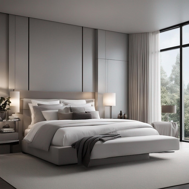 A modern double bedroom with white sofa hd image