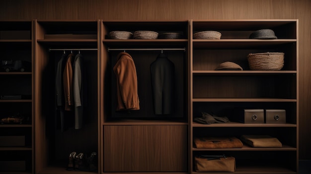 Modern dressing room for men. Modern wardrobe with stylish clothes and accessories. AI