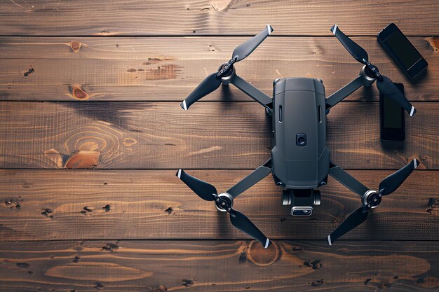 modern drone and batteries on the wooden table background with copy space