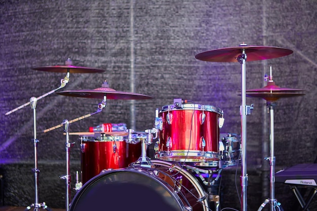 Modern drum set on stage prepared for playing