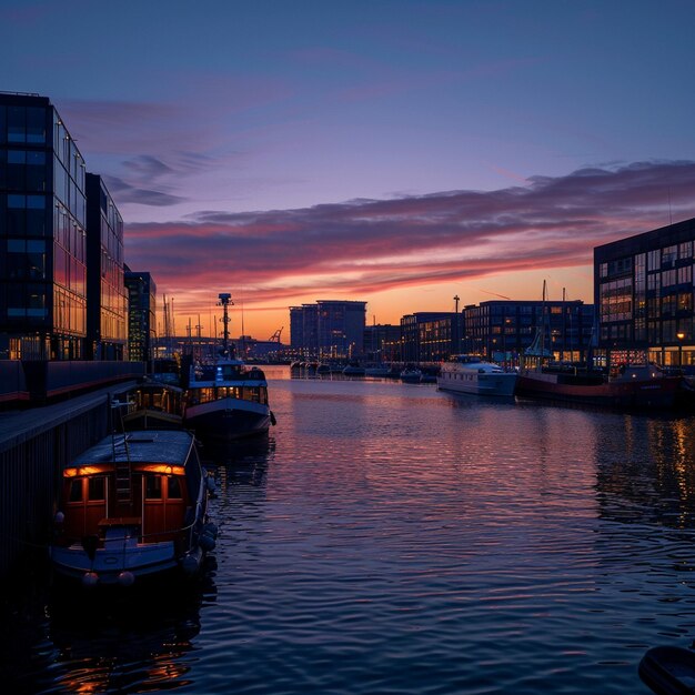 活気 の ある コペンハーゲン 港 の 現代 的 な 夕暮れ の 景色