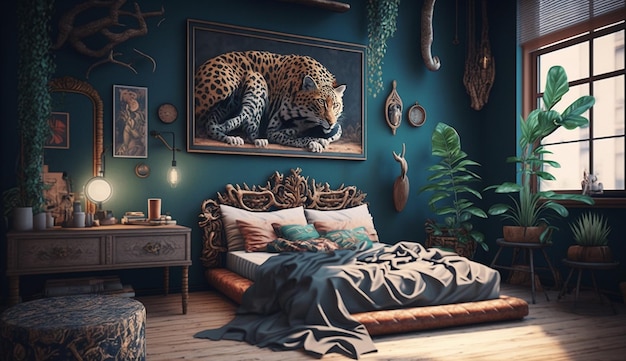 Modern eclectic style bedroom decor interior design AI Generated image