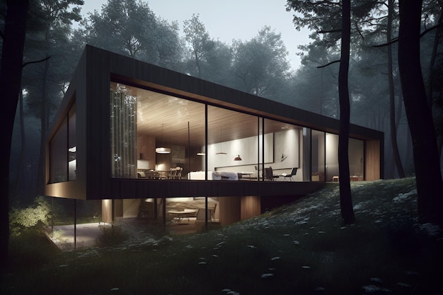 modern eco house in minimalistic design with sport car in front of it and located in the forest