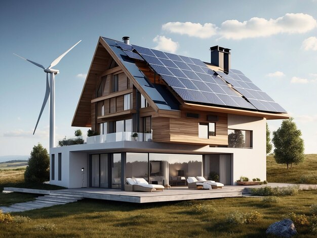 Modern eco house with solar panels and windmills to use alternative energy3d rendering