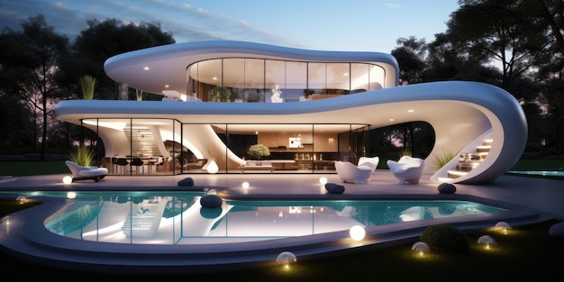 modern eco house with a swimming pool and lot of greenery around Evening photo Generative AI