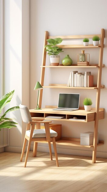 Modern eco style home workplace with wooden racks table with computer chair and parquet board on the