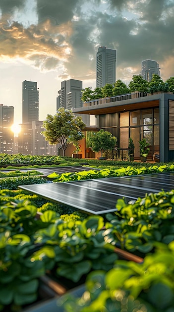 現代のエコフレンドリーな建物 屋根裏の庭 太陽光パネル 都市の農業用ベッド