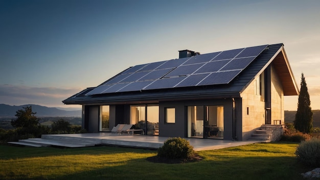 Современный экологически чистый пассивный дом с озелененным двором Солнечные панели на двухэтажной крыше