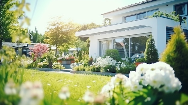 Photo a modern ecological building with a lush gardenoasis