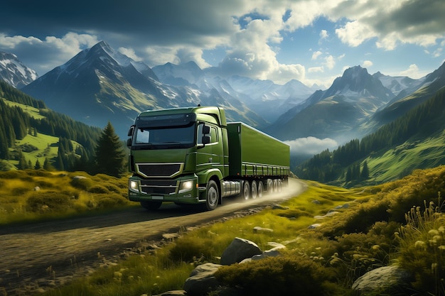 현대적 인 생태적 인 녹색 트럭 은 산악 도로 에서 운송 한다