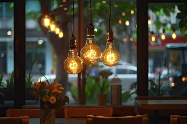 Современные лампочки Эдисона в интерьере кафе