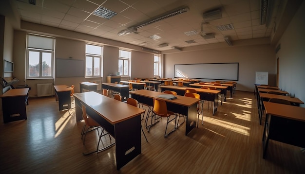 Modern education in a high school building with empty chairs generated by AI