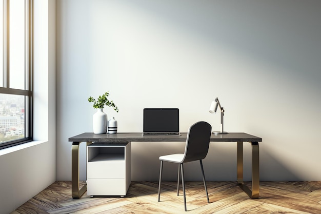 Modern, eenvoudig kantoorinterieur met houten vloeren, meubels, decoratieve artikelen en raam met uitzicht op de stad 3D Rendering