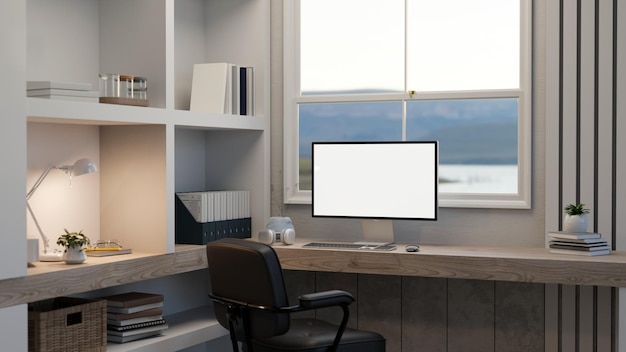 Modern eigentijds thuiswerkkamer interieur met computer mockup ingebouwde planken