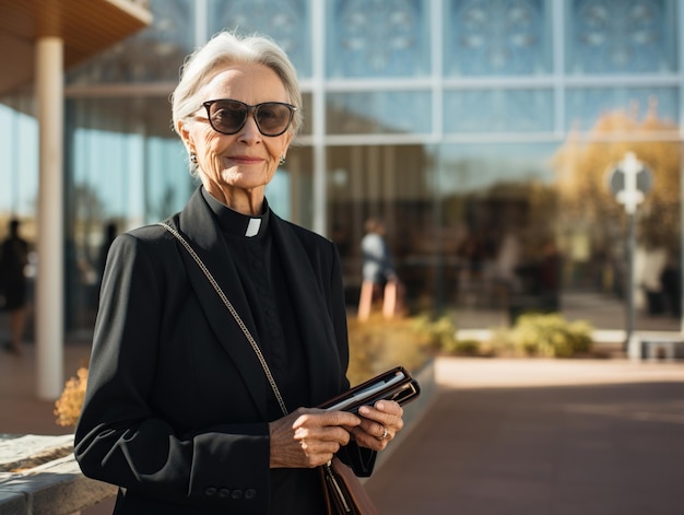 Modern elderly woman priest on street