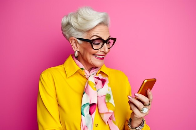 Modern elderly woman with smartphone