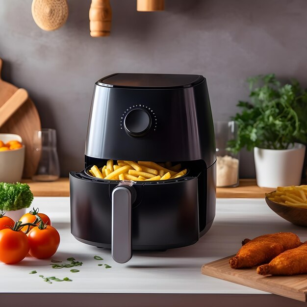 Modern electric air fryer machine with french fries and vegetables in the kitchen AI Generative