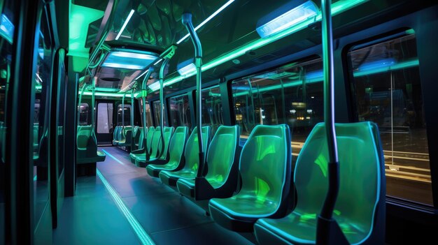 Foto interni di autobus elettrici moderni materiali sostenibili sedili ergonomici stazioni di ricarica integrate