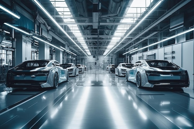 A modern electric car manufacturing plant utilizes advanced technologies robotics and automation to produce ecofriendly vehicles Generative AI