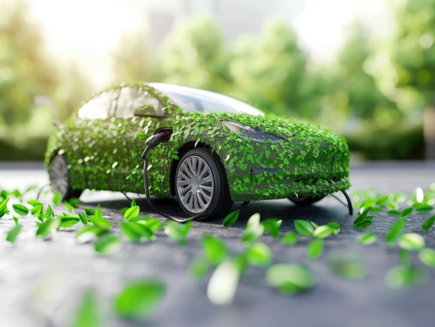 Photo the modern electric car with drawn green leaves ai generative