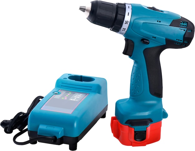 Modern electric drills on white background