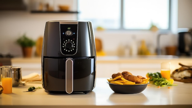 Modern electric food processor with french fries on the table in the kitchen