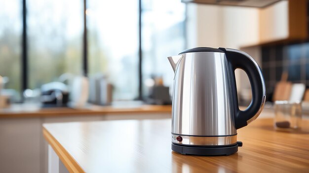 Modern electric kettle on table in kitchen closeup Space for text