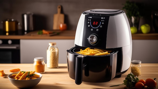 Modern electric machine with French fries on the table in the kitchen