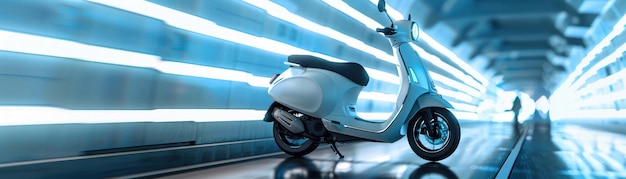Photo a modern electric scooter stands in a futuristic corridor with dynamic lighting